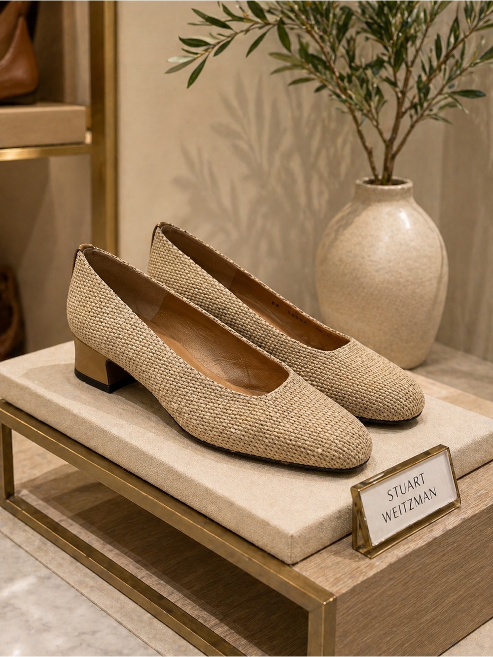 Stuart Weitzman Beige Gold Woven Raffia Style Block Heel Pumps Size 7.5B